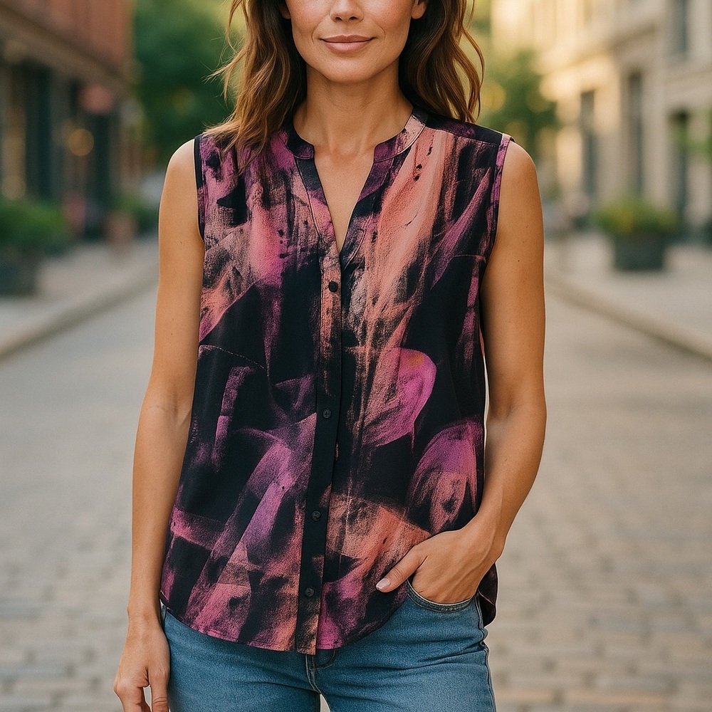 Eight Sixty Women’s Sleeveless Blouse – Size Small, Black & Pink, 100% Polyester